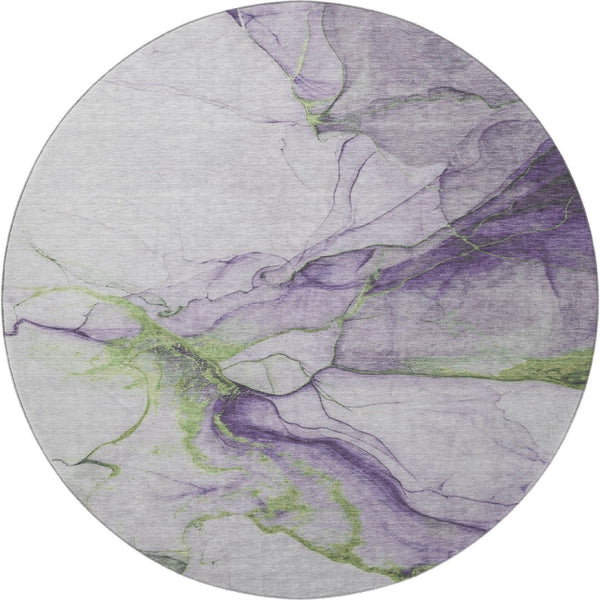 HomeRoots 8' Bold Purple, Green & Ivory Abstract Round Rug - Washable, UV-Protected, Pet-Friendly Design! 697311