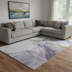 HomeRoots 8' x 10' Modern Abstract Washable Area Rug in Purple, Green & Ivory - UV Protected & Stain-Resistant 697312