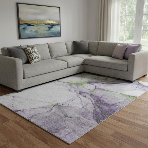 HomeRoots 8' x 10' Modern Abstract Washable Area Rug in Purple, Green & Ivory - UV Protected & Stain-Resistant 697312