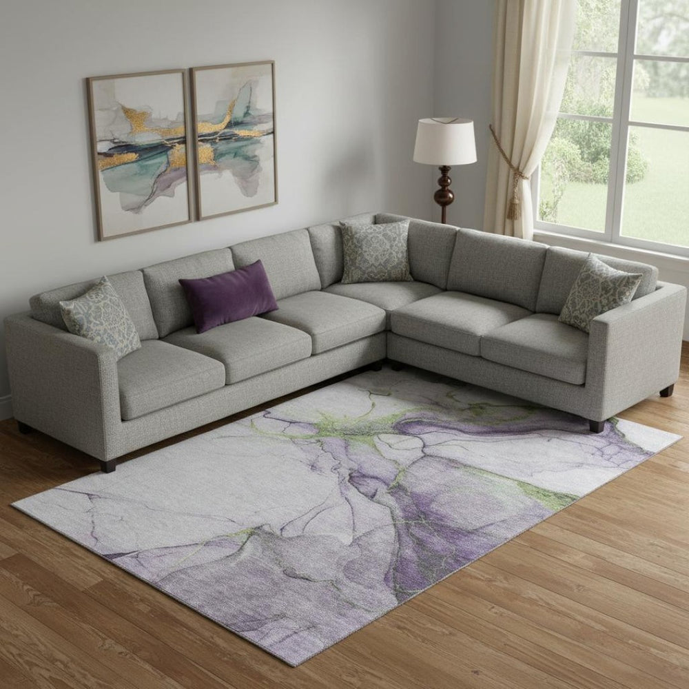 HomeRoots 9' X 12' Vibrant Purple, Green & Ivory Abstract Washable Area Rug with UV Protection for Homes 697313