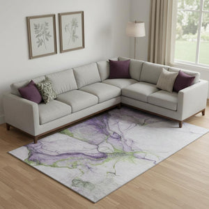 HomeRoots 10' X 14' Abstract Washable Area Rug in Purple, Green & Ivory - UV Protected, Durable & Stylish! 697314