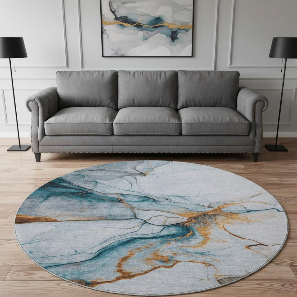 HomeRoots 8' Sky Blue Copper & Ivory Abstract Round Rug - Washable, UV-Protected, Stain-Resistant Design 697317