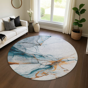HomeRoots 8' Sky Blue Copper & Ivory Abstract Round Rug - Washable, UV-Protected, Stain-Resistant Design 697317