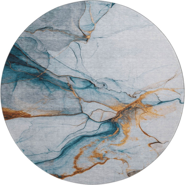 HomeRoots 8' Sky Blue Copper & Ivory Abstract Round Rug - Washable, UV-Protected, Stain-Resistant Design 697317