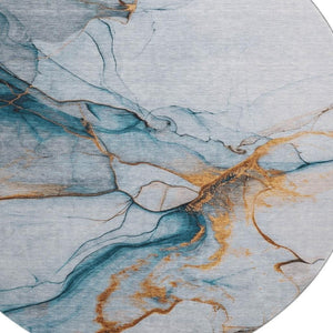 HomeRoots 8' Sky Blue Copper & Ivory Abstract Round Rug - Washable, UV-Protected, Stain-Resistant Design 697317