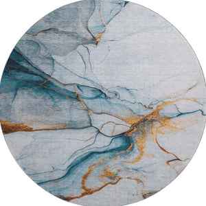 HomeRoots 8' Sky Blue Copper & Ivory Abstract Round Rug - Washable, UV-Protected, Stain-Resistant Design 697317