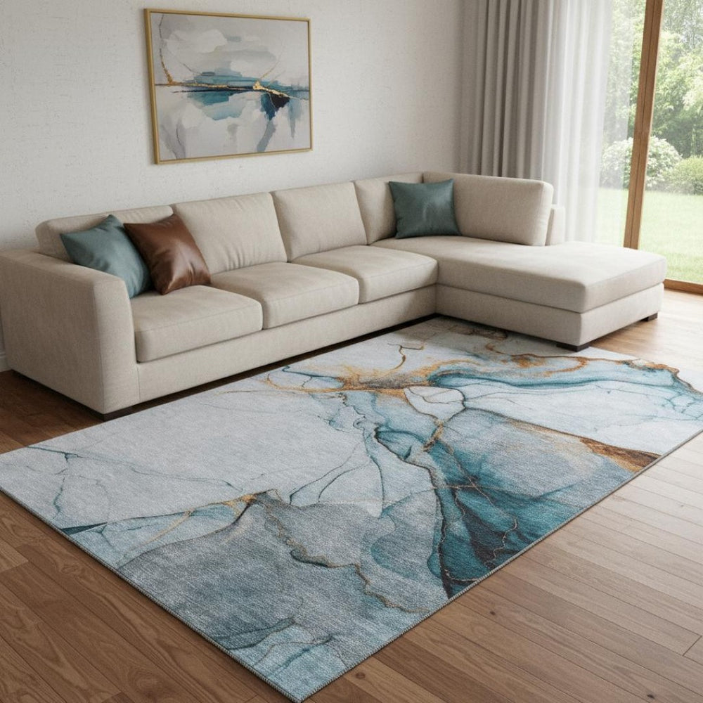 HomeRoots 8' X 10' Sky Blue Copper Ivory Abstract Washable Area Rug - Durable, Stain Resistant & UV Protected 697318