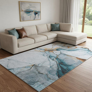 HomeRoots 8' X 10' Sky Blue Copper Ivory Abstract Washable Area Rug - Durable, Stain Resistant & UV Protected 697318