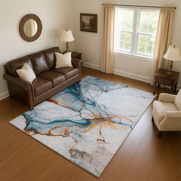 HomeRoots 8' X 10' Sky Blue Copper Ivory Abstract Washable Area Rug - Durable, Stain Resistant & UV Protected 697318