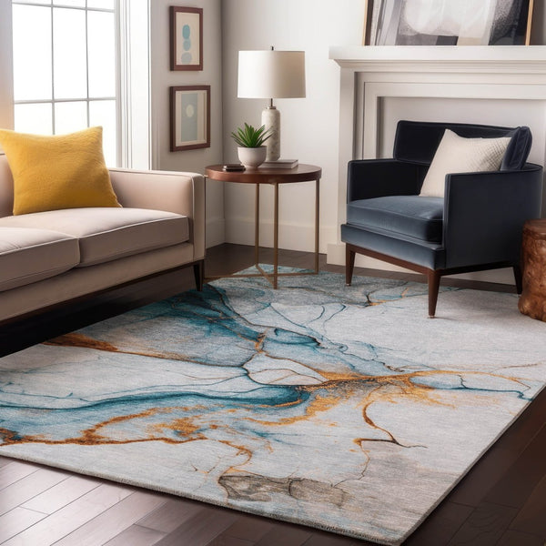 HomeRoots 8' X 10' Sky Blue Copper Ivory Abstract Washable Area Rug - Durable, Stain Resistant & UV Protected 697318