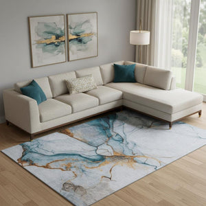 HomeRoots 10' X 14' Sky Blue Abstract Area Rug with Copper & Ivory Accents - Machine Washable & UV Protected! 697320
