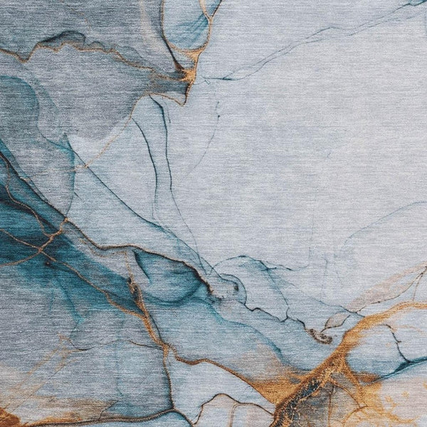 HomeRoots 10' X 14' Sky Blue Abstract Area Rug with Copper & Ivory Accents - Machine Washable & UV Protected! 697320