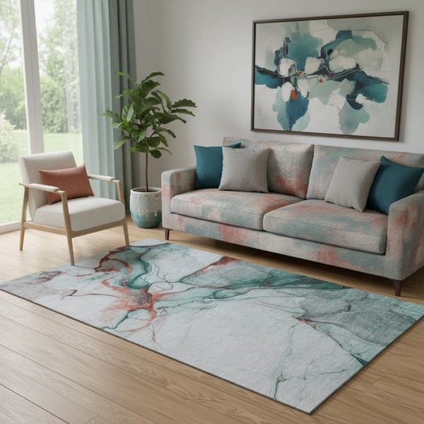 HomeRoots 5' X 8' Teal Terra Cotta Abstract Washable Area Rug - UV Protected, Durable & Stylish for Home Use 697322