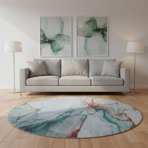 HomeRoots 8' Teal Terra Cotta Abstract Washable Round Rug - UV Protected, Durable, Modern Design for Any Space 697323