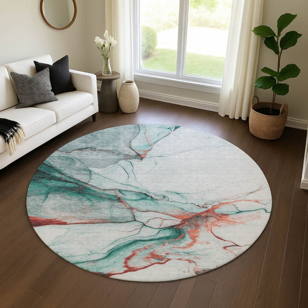 HomeRoots 8' Teal Terra Cotta Abstract Washable Round Rug - UV Protected, Durable, Modern Design for Any Space 697323