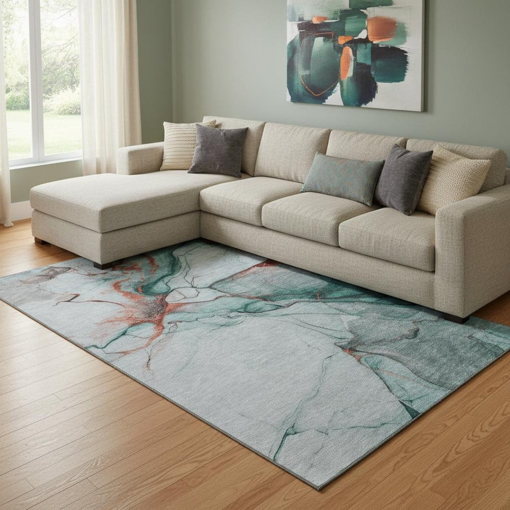 HomeRoots 8' X 10' Stylish Teal Terra Cotta & Ivory Abstract Washable Area Rug with UV Protection & Durability 697324