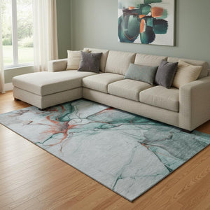 HomeRoots 8' X 10' Stylish Teal Terra Cotta & Ivory Abstract Washable Area Rug with UV Protection & Durability 697324