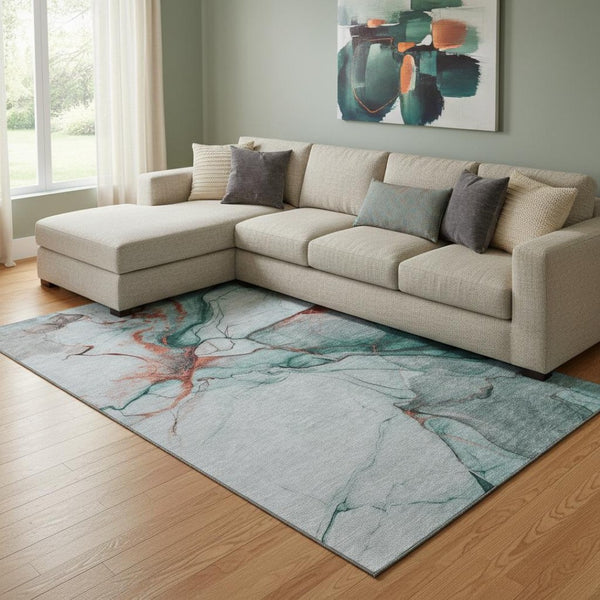 HomeRoots 8' X 10' Stylish Teal Terra Cotta & Ivory Abstract Washable Area Rug with UV Protection & Durability 697324