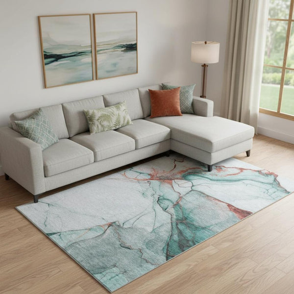 HomeRoots 9' X 12' Teal & Terra Cotta Abstract Area Rug – Washable, Stain-Resistant, UV Protected for Homes 697325