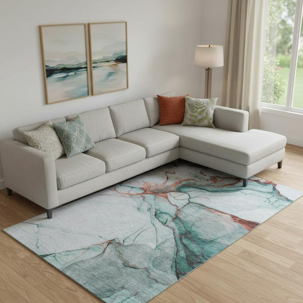 HomeRoots 10' X 14' Teal Terra Cotta Abstract Area Rug - Stain-Resistant, UV Protected, Non-Slip Backing! 697326