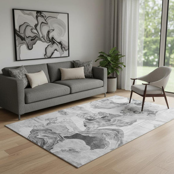 HomeRoots 5' X 8' Gray Silver Charcoal Abstract Area Rug - Stylish, Washable, UV Protected, Ideal for Active Homes 697328