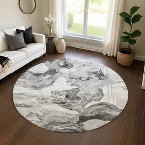 HomeRoots 8' Gray Silver and Charcoal Abstract Area Rug - Washable, UV-Protected, and Durable for Modern Homes 697329