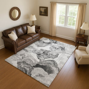 HomeRoots 9' X 12' Gray Silver and Charcoal Abstract Washable Area Rug - Stylish, Durable, UV Protected Elegance 697331