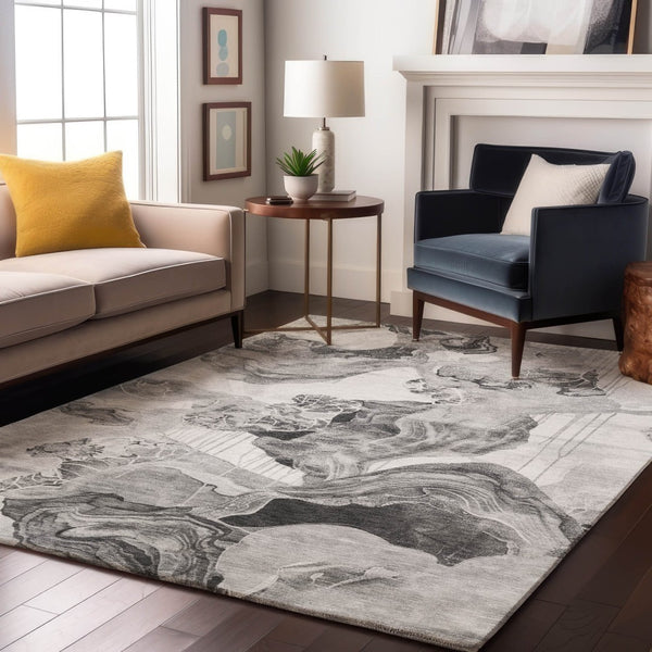 HomeRoots 9' X 12' Gray Silver and Charcoal Abstract Washable Area Rug - Stylish, Durable, UV Protected Elegance 697331