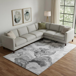 HomeRoots 10' X 14' Abstract Area Rug in Gray, Silver & Charcoal - Washable, UV Protected & Pet-Friendly Design 697332