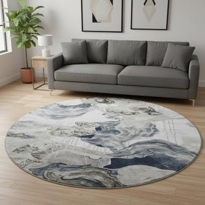 HomeRoots 8' Abstract Ivory Gray Charcoal Washable Round Rug - UV Protected, Durable & Easy Care for Homes 697335