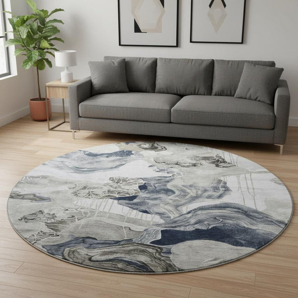HomeRoots 8' Abstract Ivory Gray Charcoal Washable Round Rug - UV Protected, Durable & Easy Care for Homes 697335