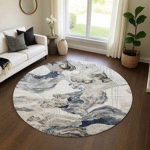 HomeRoots 8' Abstract Ivory Gray Charcoal Washable Round Rug - UV Protected, Durable & Easy Care for Homes 697335