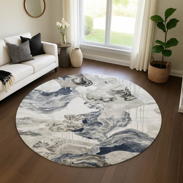 HomeRoots 8' Abstract Ivory Gray Charcoal Washable Round Rug - UV Protected, Durable & Easy Care for Homes 697335