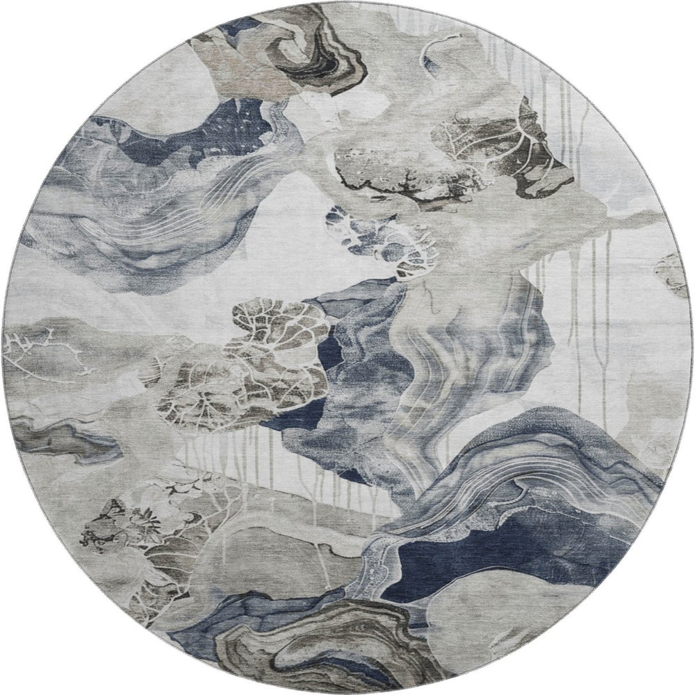 HomeRoots 8' Abstract Ivory Gray Charcoal Washable Round Rug - UV Protected, Durable & Easy Care for Homes 697335