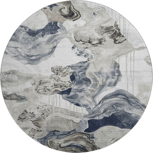 HomeRoots 8' Abstract Ivory Gray Charcoal Washable Round Rug - UV Protected, Durable & Easy Care for Homes 697335
