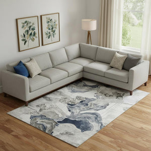 HomeRoots 9' X 12' Washable Area Rug in Ivory Gray Charcoal – Modern Abstract Design with UV Protection & Durability 697337