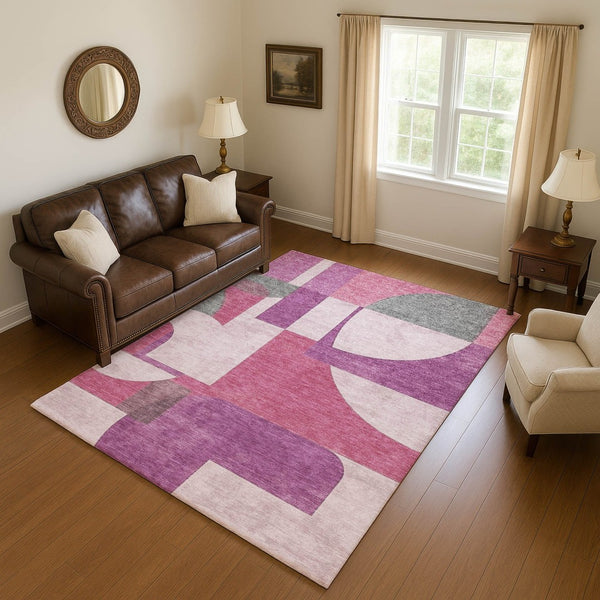 HomeRoots 5' X 8' Blush Mauve & Ivory Abstract Geometric Area Rug - Stylish, Washable, UV-Protected Elegance 697340