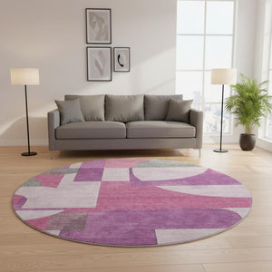 HomeRoots 8' Blush Mauve & Ivory Abstract Geometric Round Rug – Washable, UV Protected, Stylish & Durable! 697341