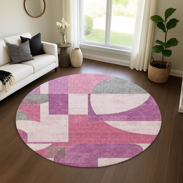 HomeRoots 8' Blush Mauve & Ivory Abstract Geometric Round Rug – Washable, UV Protected, Stylish & Durable! 697341