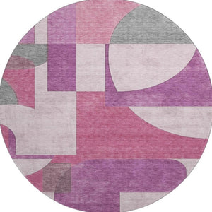 HomeRoots 8' Blush Mauve & Ivory Abstract Geometric Round Rug – Washable, UV Protected, Stylish & Durable! 697341