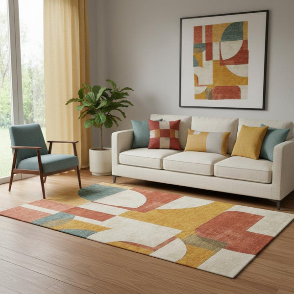 HomeRoots 5' X 8' Coral Gold Ivory Abstract Geometric Area Rug - Washable, Stain Resistant & UV Protected! 697346