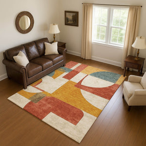 HomeRoots 5' X 8' Coral Gold Ivory Abstract Geometric Area Rug - Washable, Stain Resistant & UV Protected! 697346