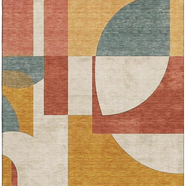 HomeRoots 5' X 8' Coral Gold Ivory Abstract Geometric Area Rug - Washable, Stain Resistant & UV Protected! 697346