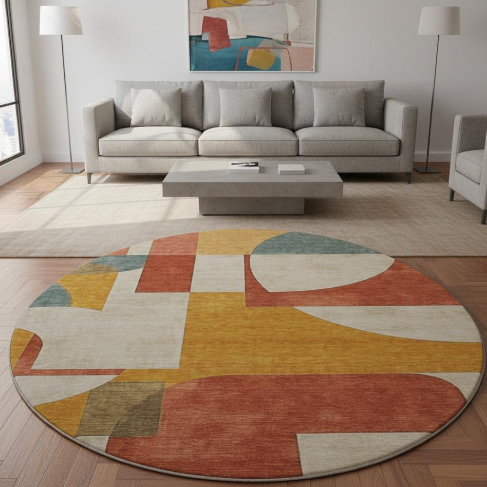 HomeRoots 8' Coral Gold Ivory Geometric Round Rug - Washable, UV-Protected, Stain-Resistant for Busy Homes 697347