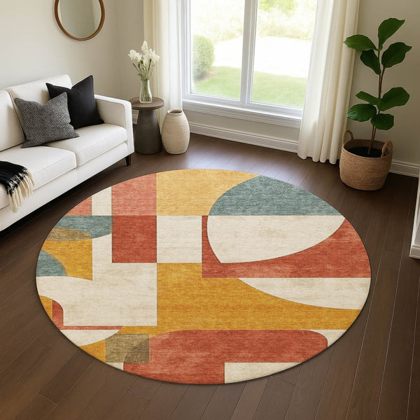 HomeRoots 8' Coral Gold Ivory Geometric Round Rug - Washable, UV-Protected, Stain-Resistant for Busy Homes 697347