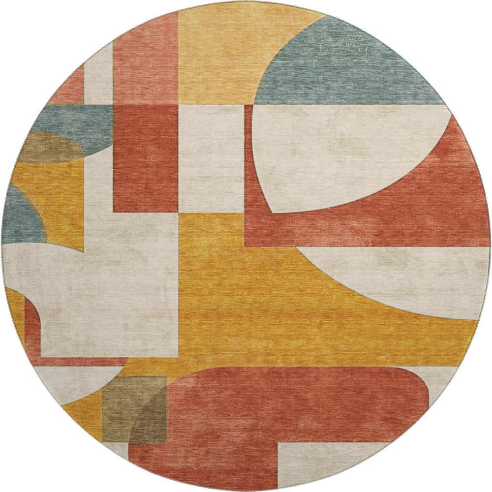 HomeRoots 8' Coral Gold Ivory Geometric Round Rug - Washable, UV-Protected, Stain-Resistant for Busy Homes 697347