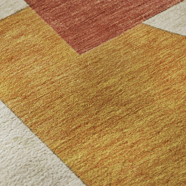 HomeRoots 8' Coral Gold Ivory Geometric Round Rug - Washable, UV-Protected, Stain-Resistant for Busy Homes 697347