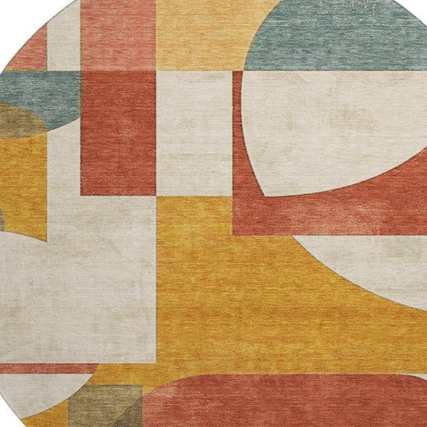 HomeRoots 8' Coral Gold Ivory Geometric Round Rug - Washable, UV-Protected, Stain-Resistant for Busy Homes 697347