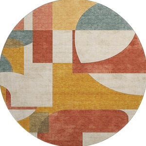 HomeRoots 8' Coral Gold Ivory Geometric Round Rug - Washable, UV-Protected, Stain-Resistant for Busy Homes 697347