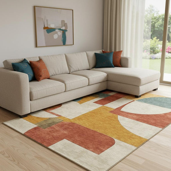 HomeRoots 8' X 10' Coral Gold Ivory Washable Area Rug - Stylish Abstract Geometric Design with UV Protection 697348